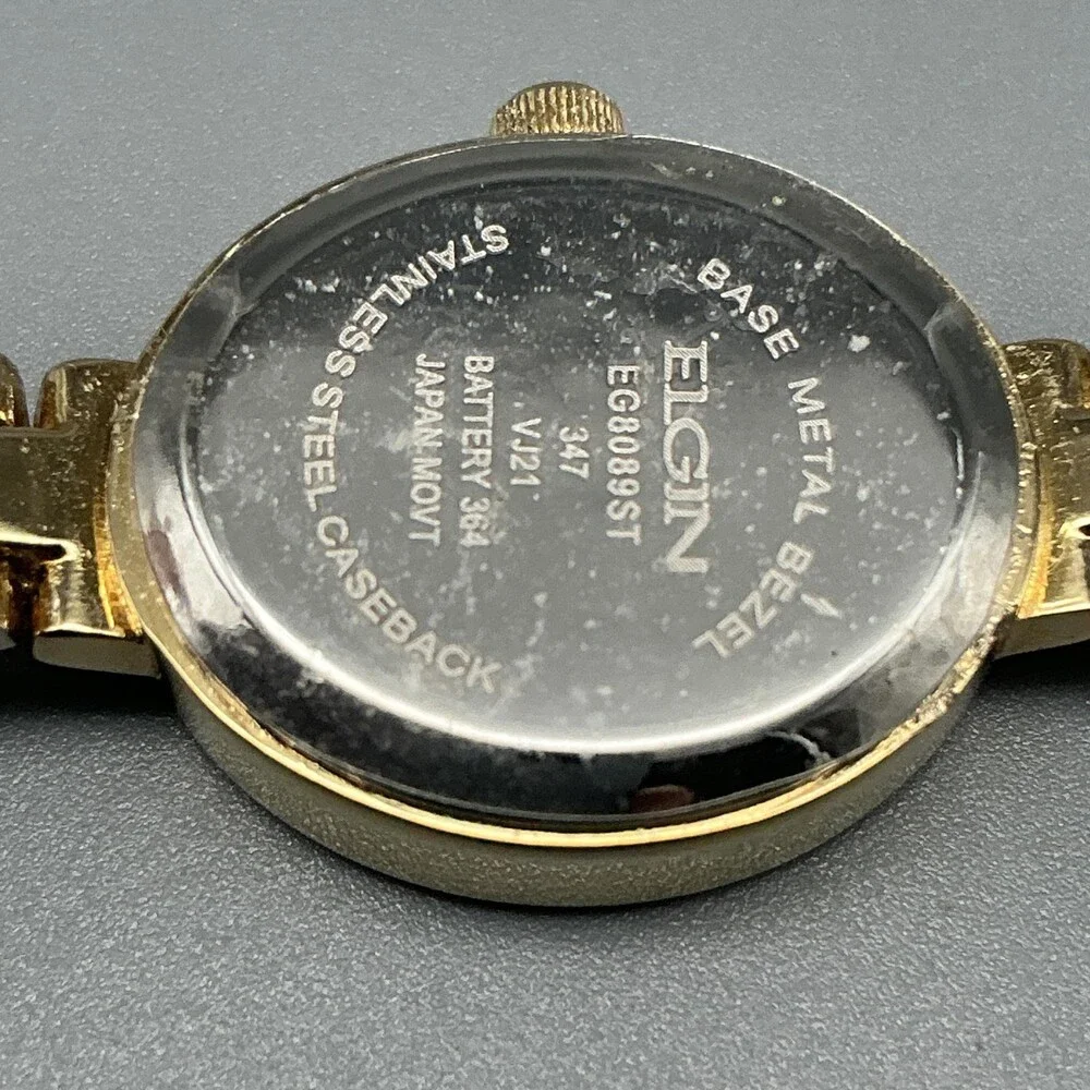 Elgin Womens Watch 19mm Oval Dial Gold Tone Crystals New Battery 7.5